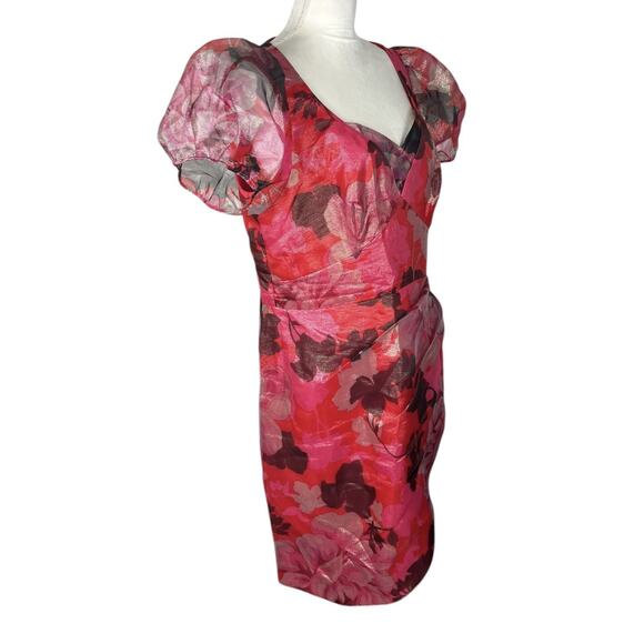 Theia Sybille Puff Sleeve Cocktail Mini Dress Metallic Shadow Peony Plus Size 16 - Picture 4 of 8